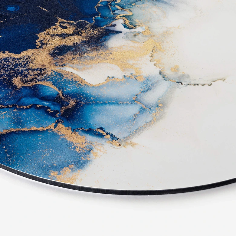 Tableau sur alu-Dibond rond Marbre abstrait avec effet bleu et or 