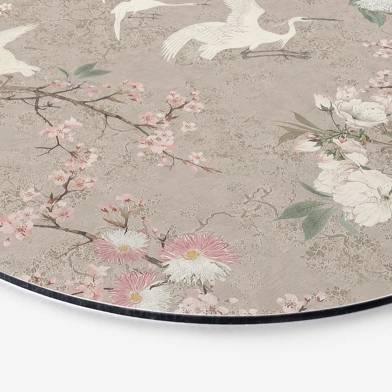 Wandbild Kraniche im Kirschblüten-Rausch Beige - Bloomery Decor - Alu-Dibond Rund 