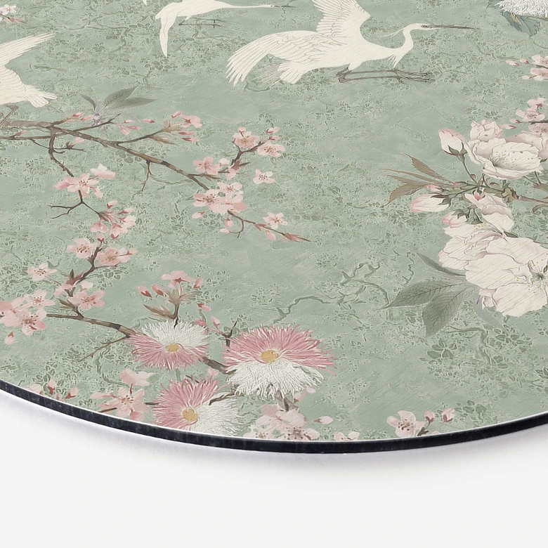 Wandbild Kraniche im Kirschblüten-Rausch Grün - Bloomery Decor - Alu-Dibond Rund 