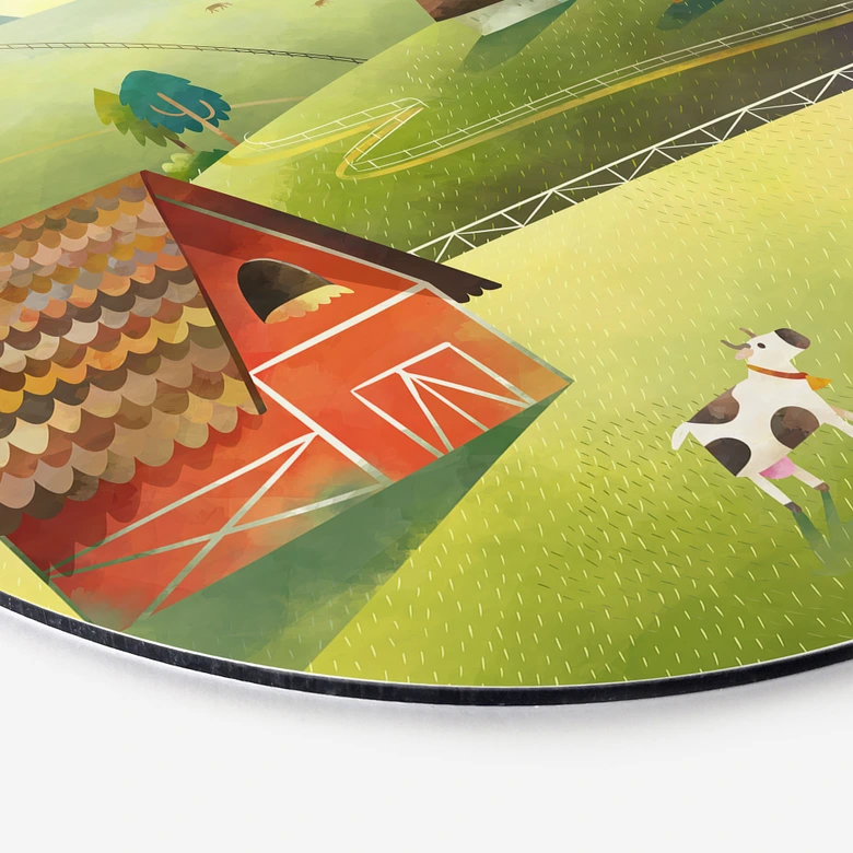 Wall Art Colorful farm in the mountains - DigitalArtsi - Round - Alu-Dibond 