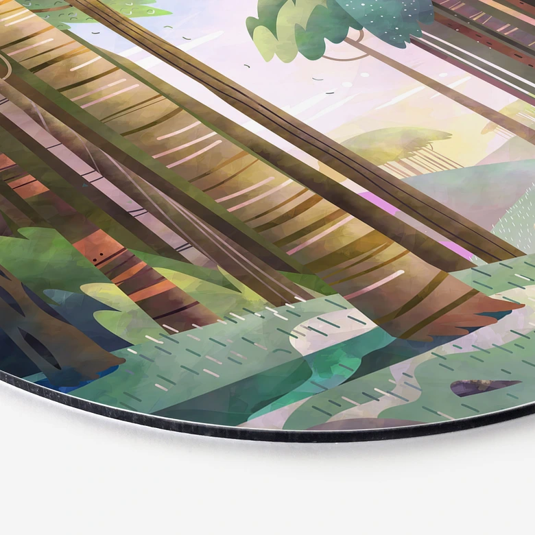 Tableaux Forêt ensoleillée avec cerf - DigitalArtsi - Rond - Alu-Dibond 