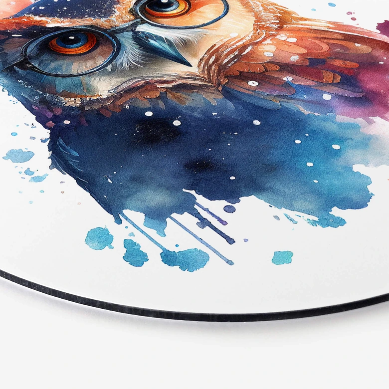 Rundes Wandbild Heine - Intelligente Eule mit Brille - Astro Cruise - Alu-Dibond 