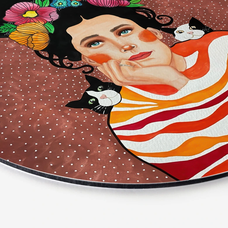 Wandbild Frau mit Blumenkrone und Katzen - Hülya - Alu-Dibond Rund 