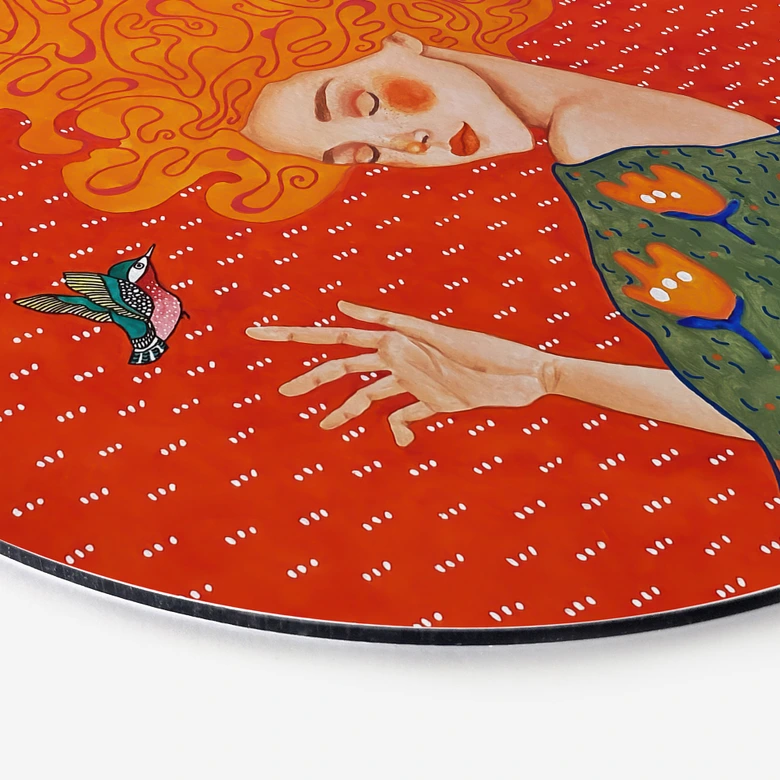 Wandbild Kolibri und Frau im roten Licht - Hülya - Rund - Alu-Dibond 