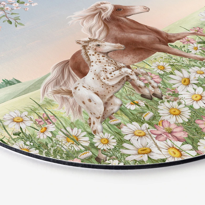 Wandbild Pferde auf der Blumenwiese - Kikki Belle - Alu-Dibond Rund 