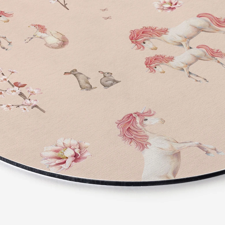 Rundes Wandbild Verzauberte Einhörner mit Kirschblüten - Alu-Dibond - Kikki Belle 