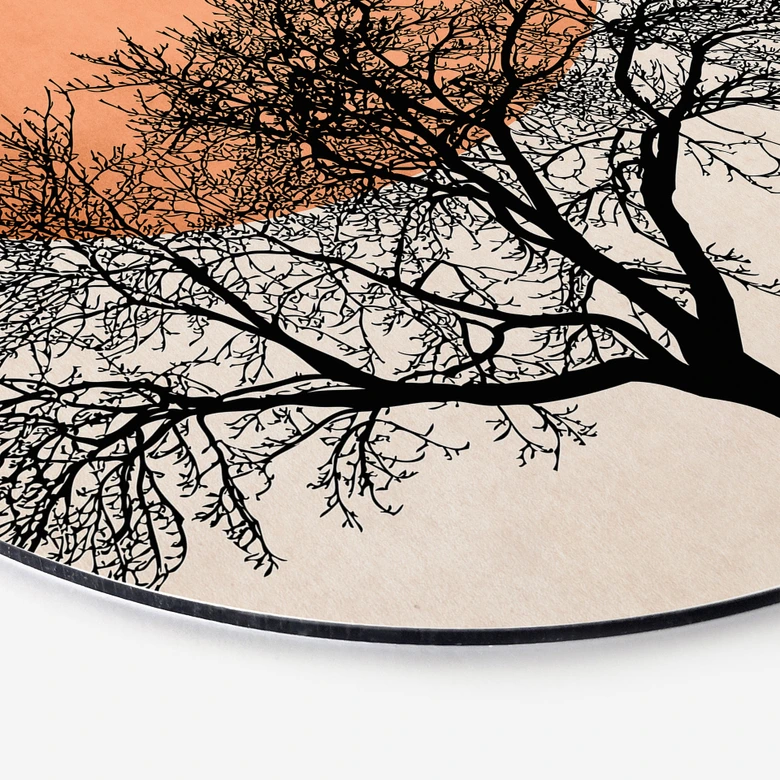 Tableau sur alu-Dibond rond Matin d'hiver en couleur pêche - Kubistika 