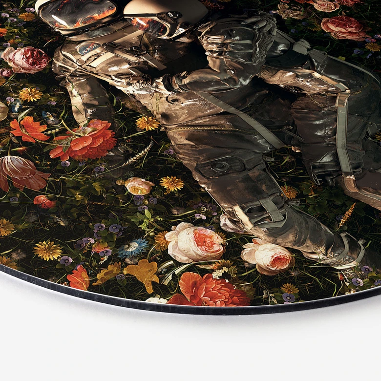 Wandbild Astronauten auf einer Blumenwiese - Nicebleed - Alu-Dibond - Rund 