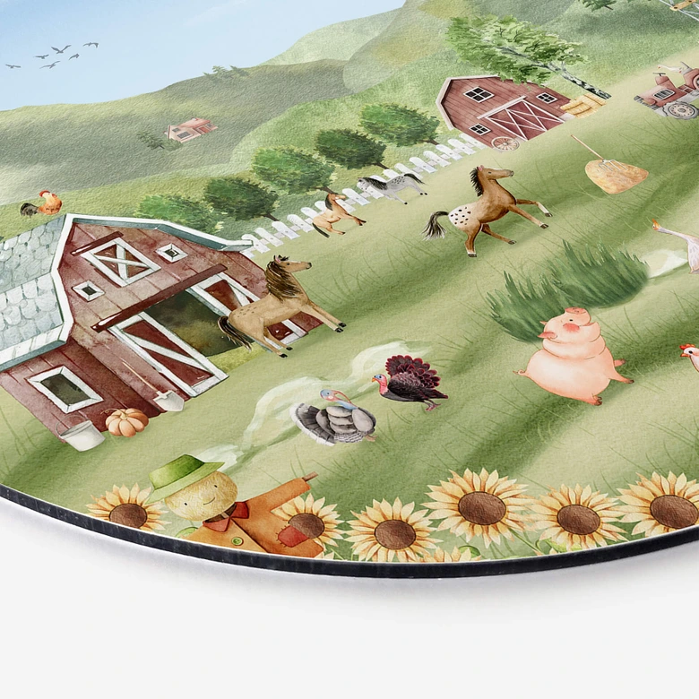 Tableau sur alu-Dibond rond Oliver Robins - Ferme colorée avec animaux 