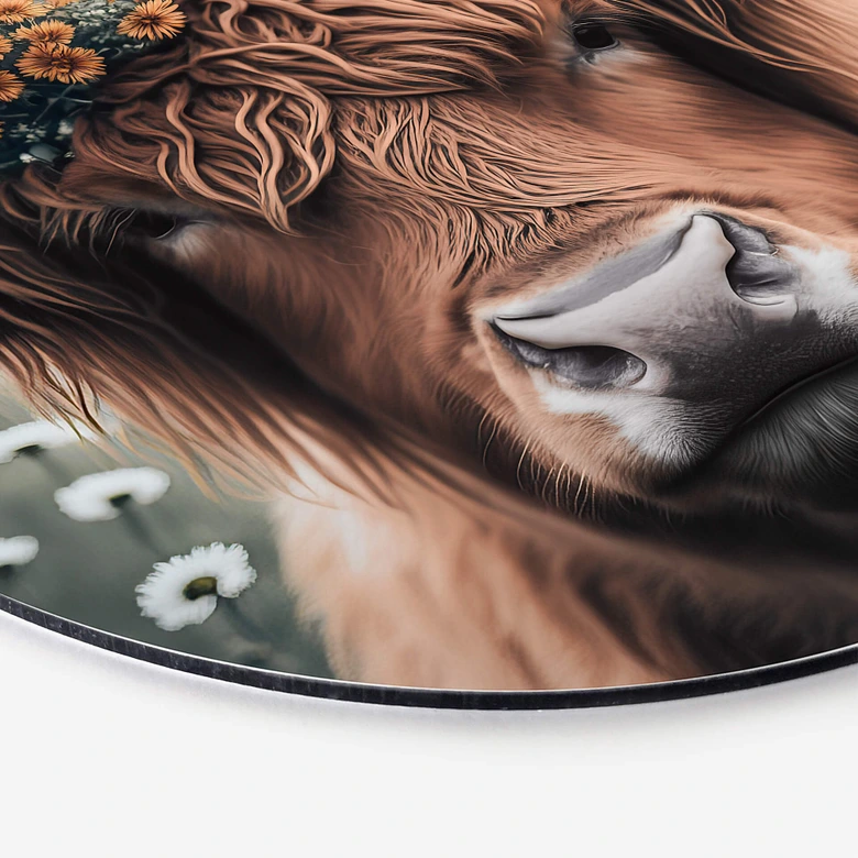 Rundes Wandbild Treechild - Hochlandkuh mit Blütenkranz - Alu-Dibond 