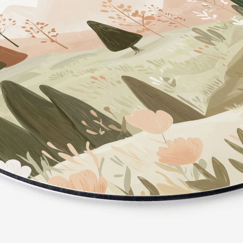 Wandbild Pastell Berglandschaft mit Blumen - Treechild - Alu-Dibond Rund 