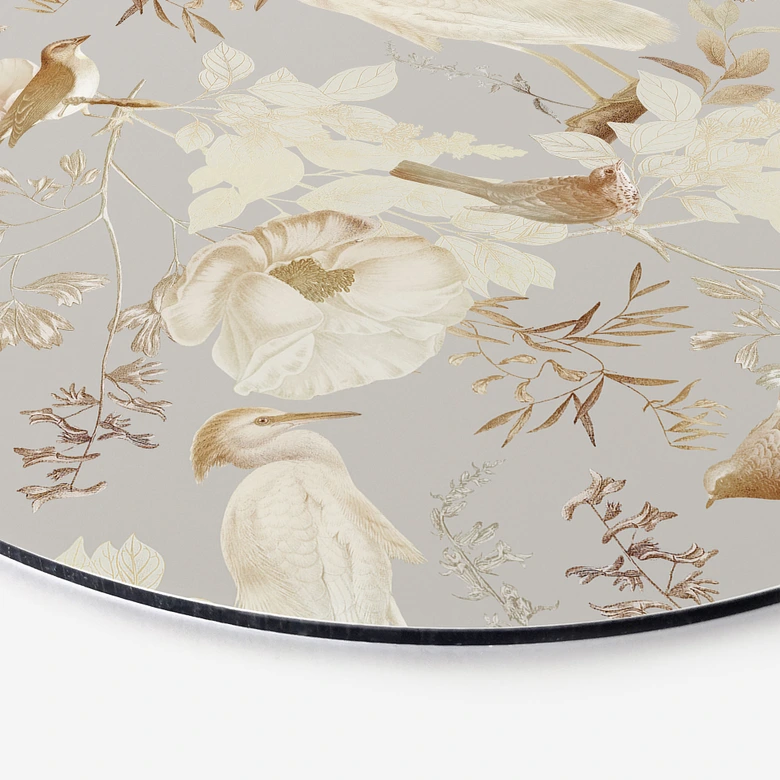 Wandbild Vögel zwischen weißen Blumen - UN Designs - Rund - Alu-Dibond 