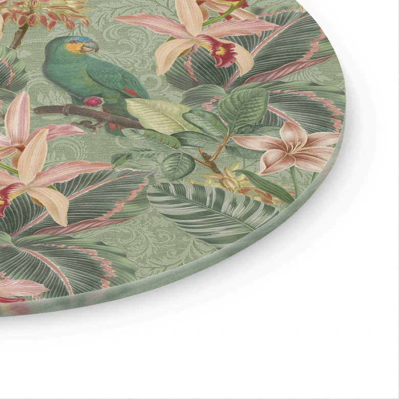 Tableau en verre Jungle avec perroquets verts - Bloomery Decor - Rond 