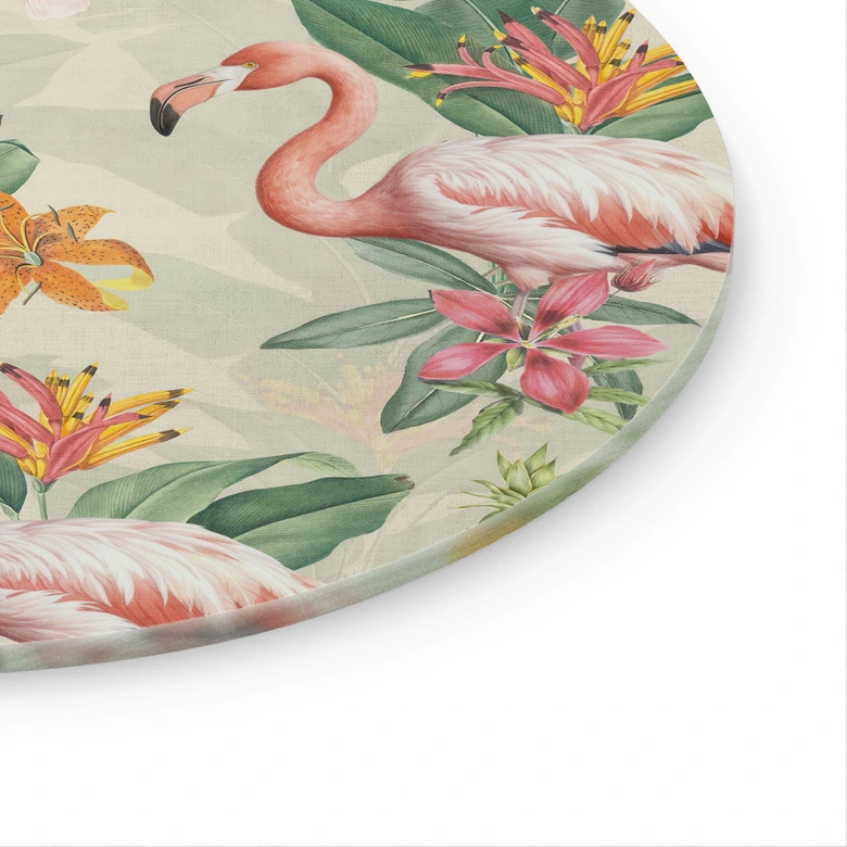 Glasbild Flamingo und tropische Blätter | Exotik für das Wohnzimmer - Bloomery Decor - Rund 