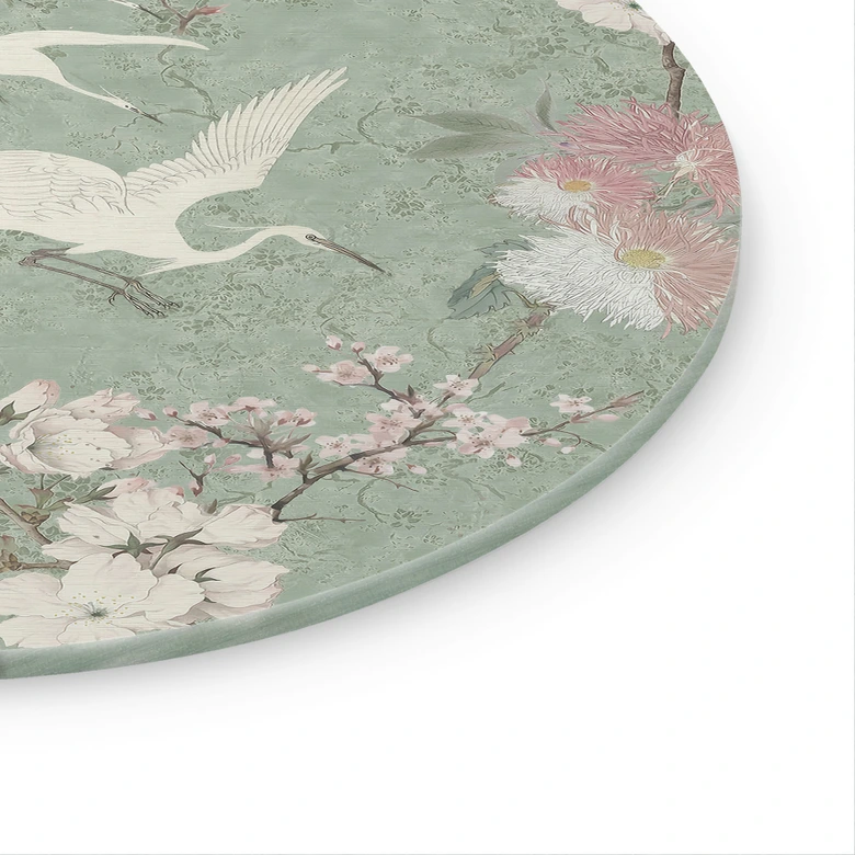 Glasbild Kraniche im Kirschblüten-Rausch Grün - Bloomery Decor - Rund 