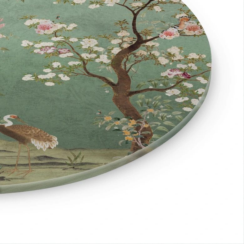 Glasbild Kraniche in floraler Landschaft - Bloomery Decor - Rund 