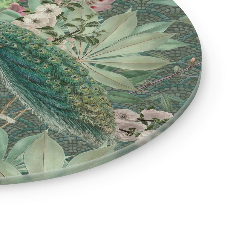 Glasbild Pfau im Tropengarten auf Mosaik - Bloomery Decor - Rund 