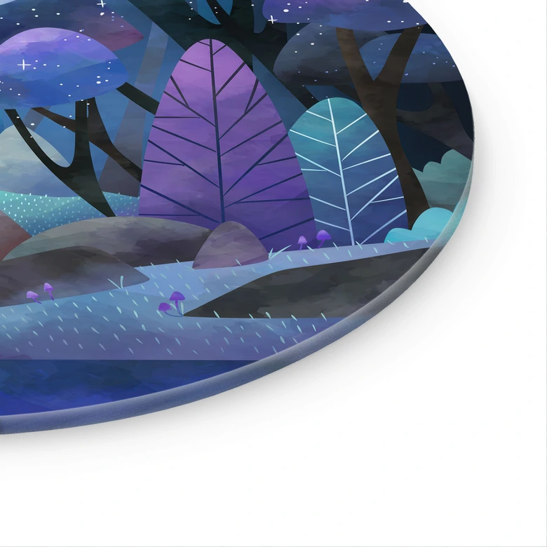 Glass Wall Art Enchanted Forest in Midnight Blue - DigitalArtsi - Round 