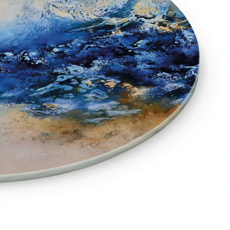 Glasbild Blau-goldene Interaktion - Fedrau - Rund 