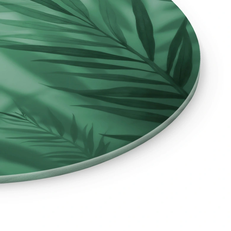 Glasschilderijen Groene palmbladeren - Rond 