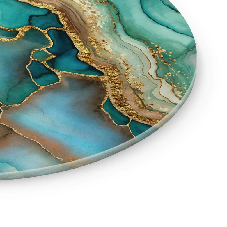 Glasbild Marmorierte Wellen in Türkis und Gold - Haase - Rund 