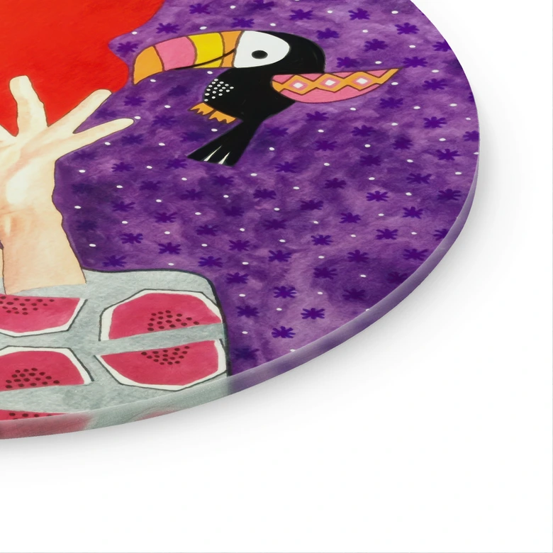 Glasbild Frau mit Tukan-Trio - Hülya - Rund 