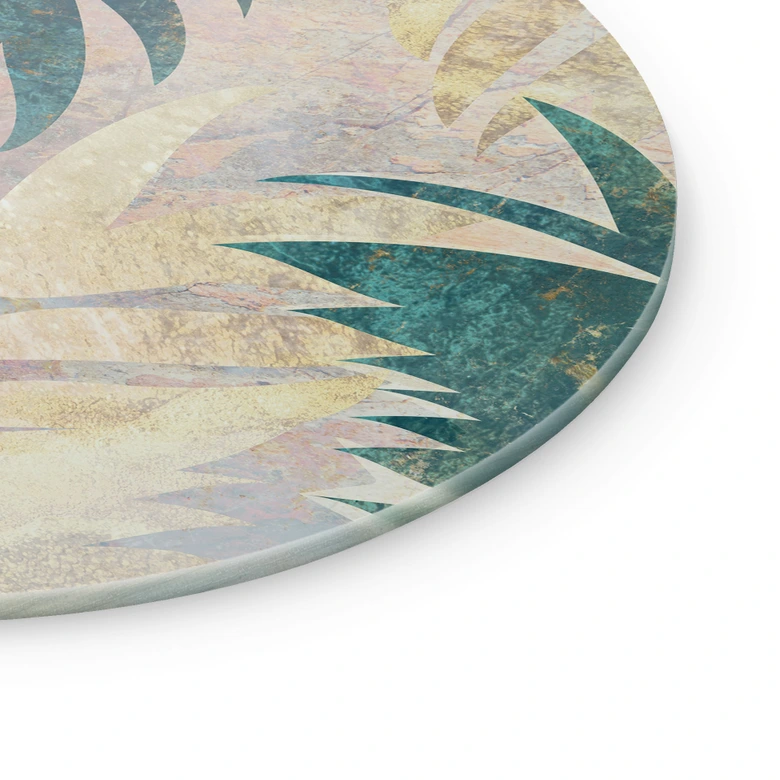 Glasbild Exotische Palmenblätter in Gold-grün - Manovski - Rund 