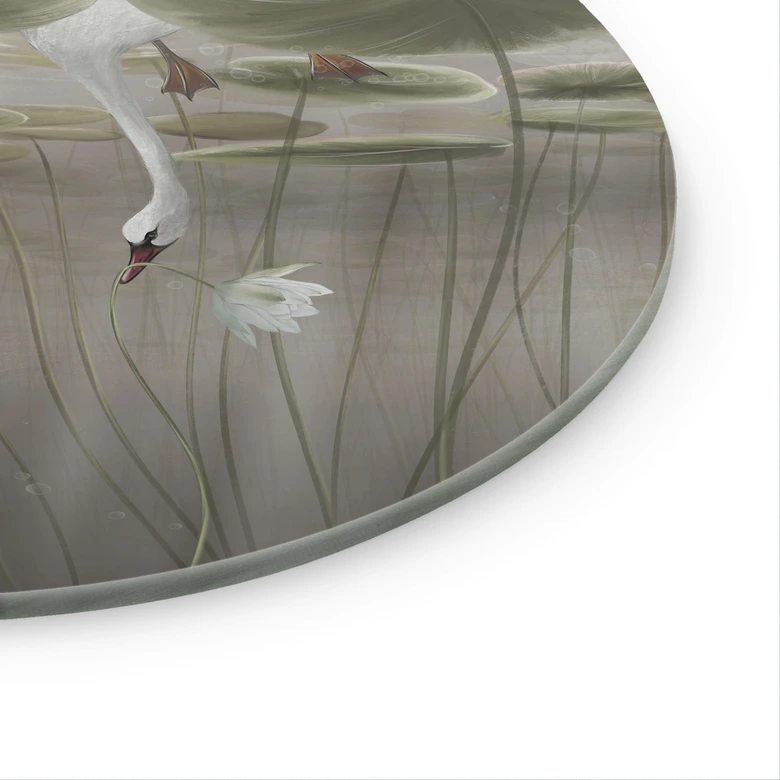 Glasschilderijen Lotusbloemen met zwaan in water in grijs - Ms Tiff - Rond 