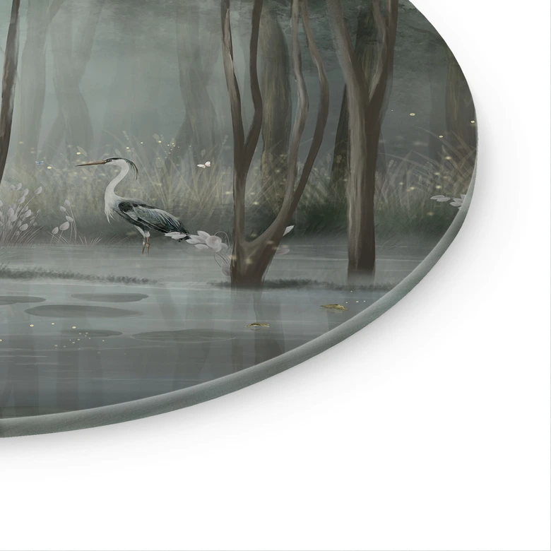 Glasbild Nebelwald am See mit Reiher in Grün - Ms Tiff - Rund 