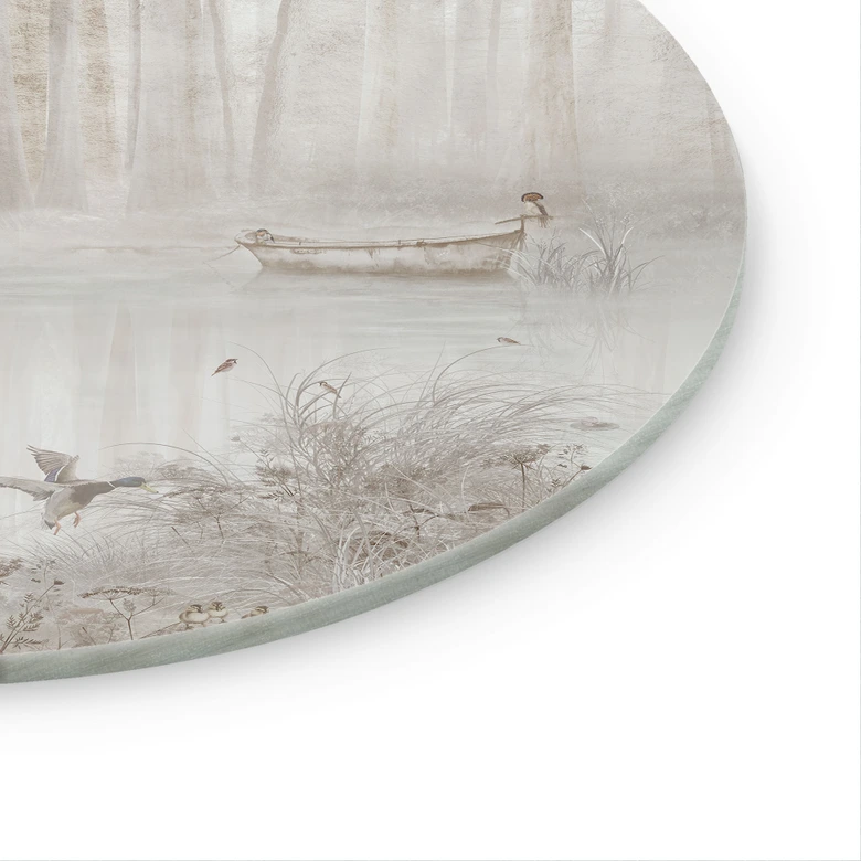 Glasbild Wald am See im Nebel in Beige - Ms Tiff - Rund 