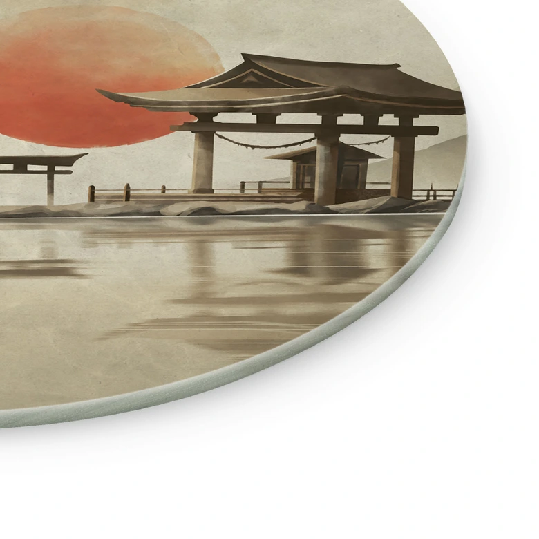 Glasbild Japanischer Tempel im Sonnenaufgang - Roze - Rund 