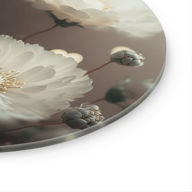 Tableau en verre Fleurs blanches avec poussière d'or - Treechild - Rond 