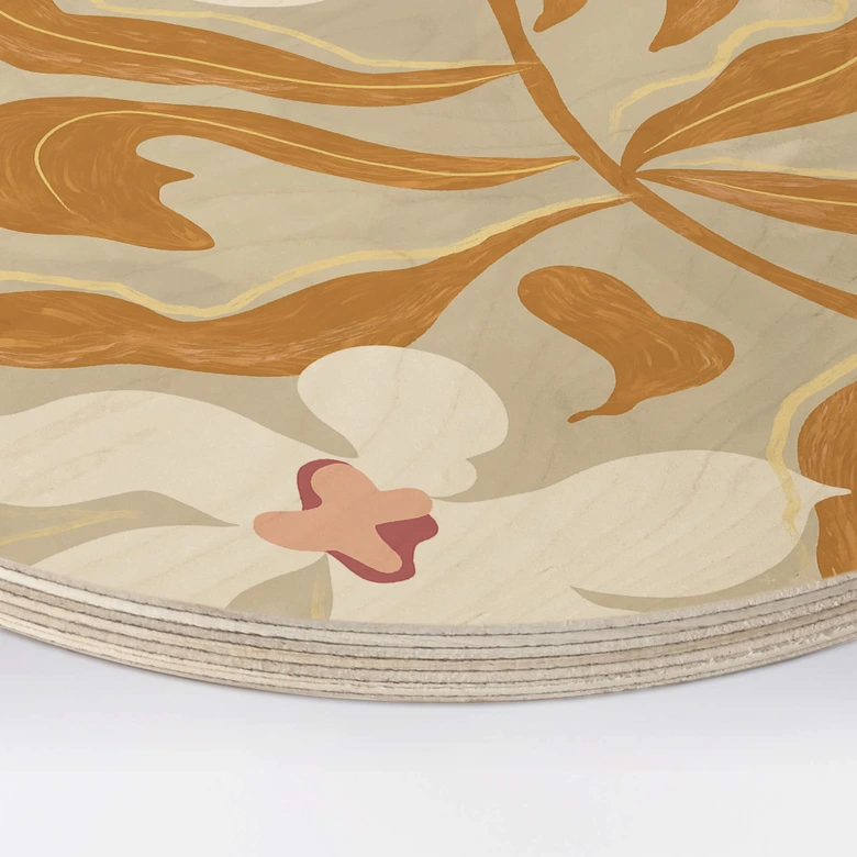 Trätavla Vit blomma och gyllene blad rund - Arty Guava 