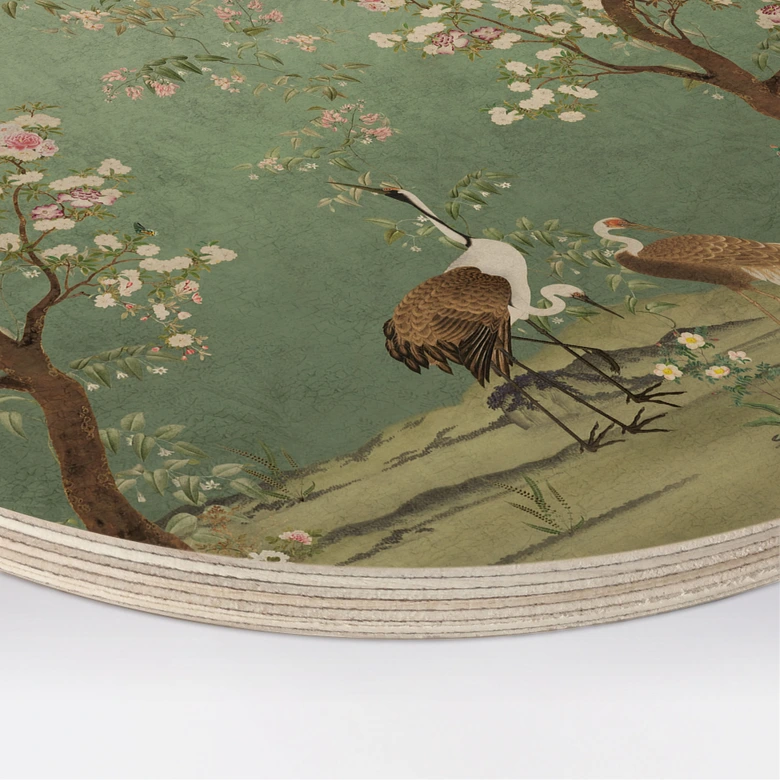 Cuadro de madera de grullas en un paisaje floral - Bloomery Decor - Redondo 