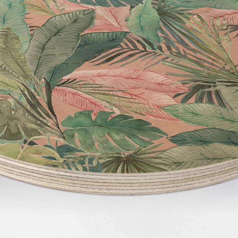 Tableau sur bois Feuilles tropicales dans la jungle rose - Bloomery Decor - Rond 