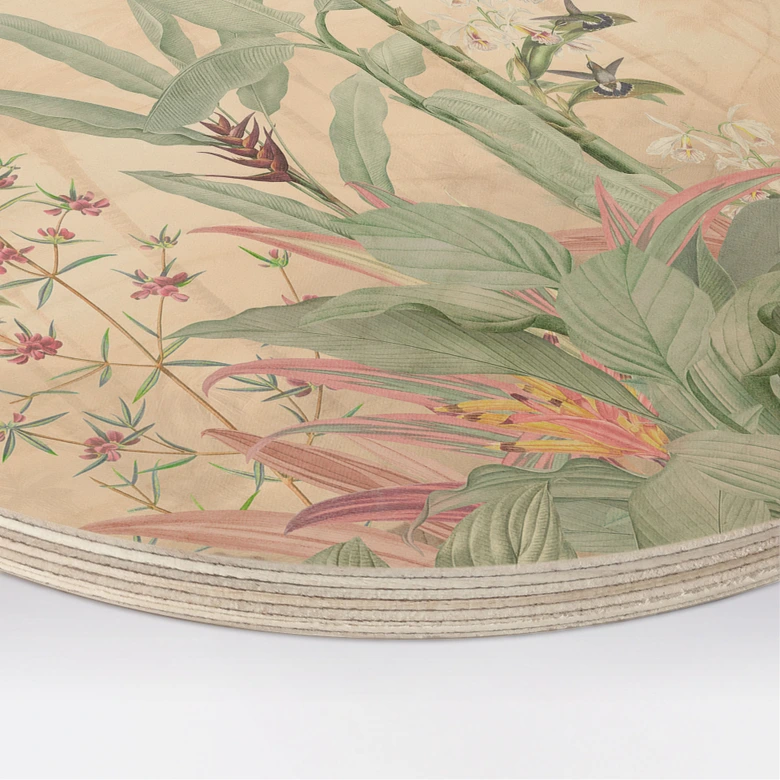 Holzbild Tropische Idylle mit Kolibri Apricot - Bloomery Decor - Rund 