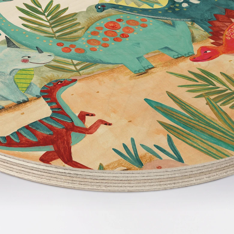 Holzbild Farbenfrohe Dinosaurier im Urzeitwald - Bonne Müller - Rund 