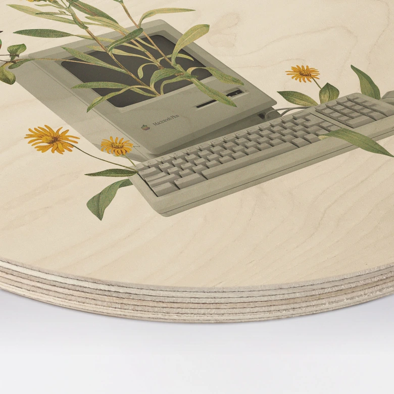 Holzbild Vintage Botanik-Computer - Frida Floral Studio - Rund 