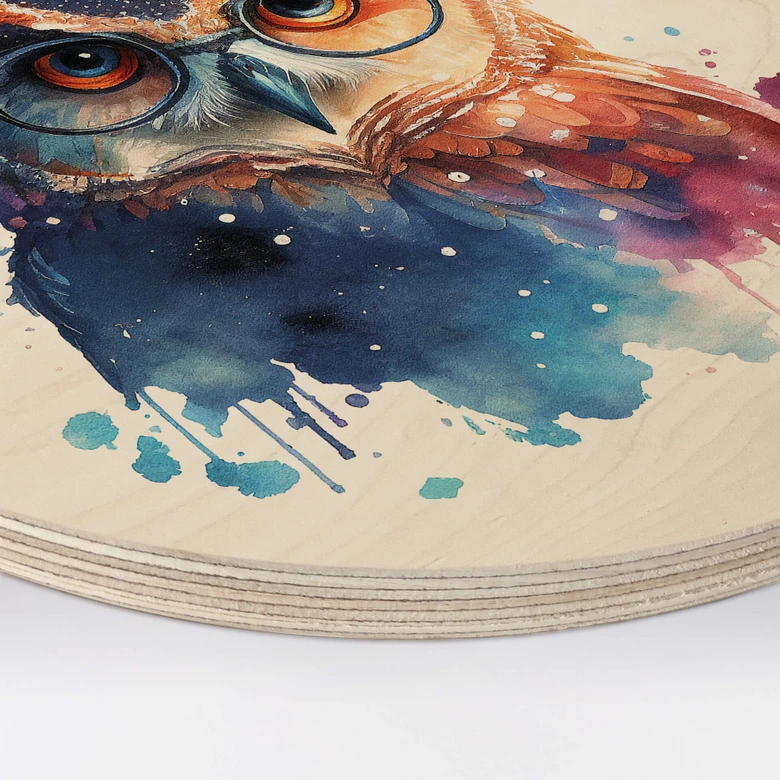 Holzbild Heine - Intelligente Eule mit Brille - Astro Cruise - Rund 