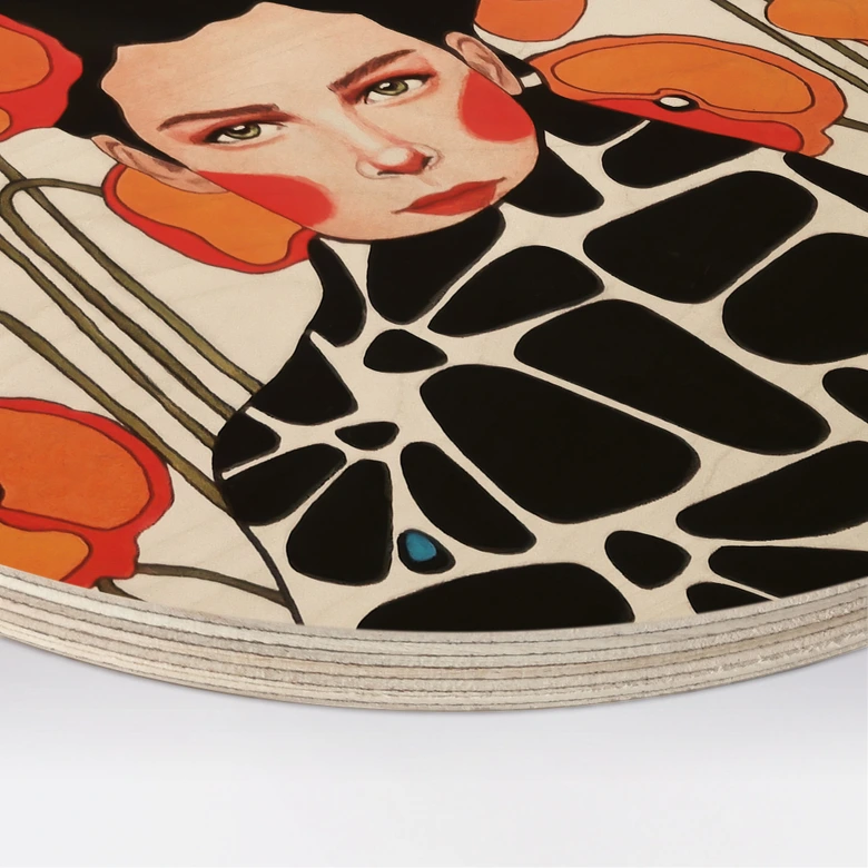 Trätavla kvinna med vallmoblommor i retrostil - Hülya - Rund 