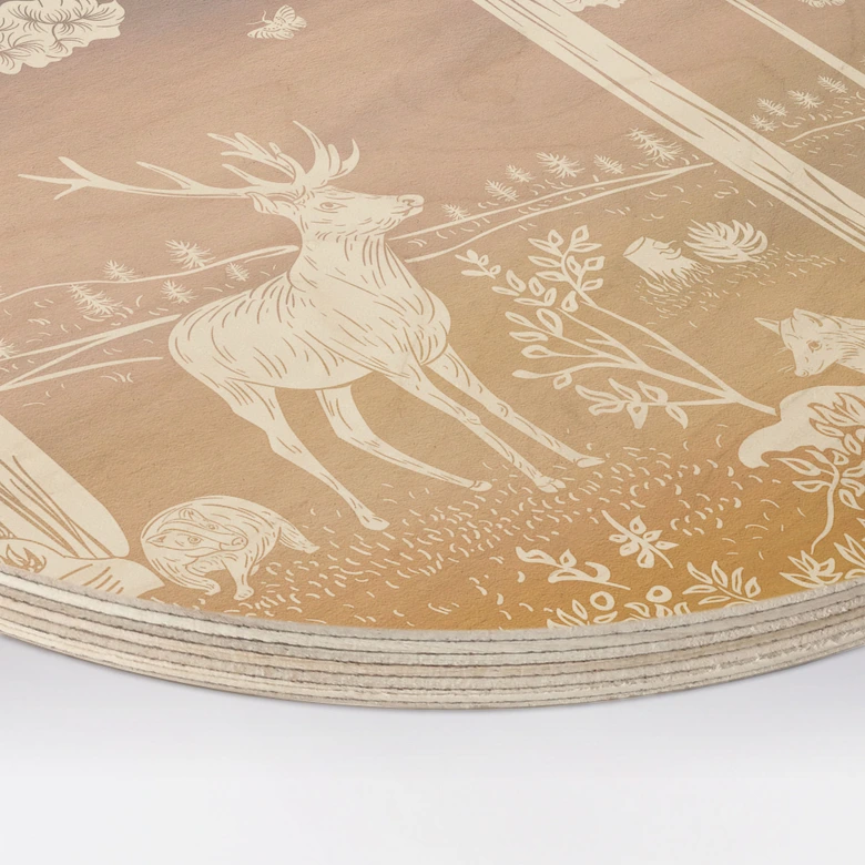 Holzbild Friedlicher Wald mit Hirschen und Füchsen - Ombre - Kikki Belle - Rund 