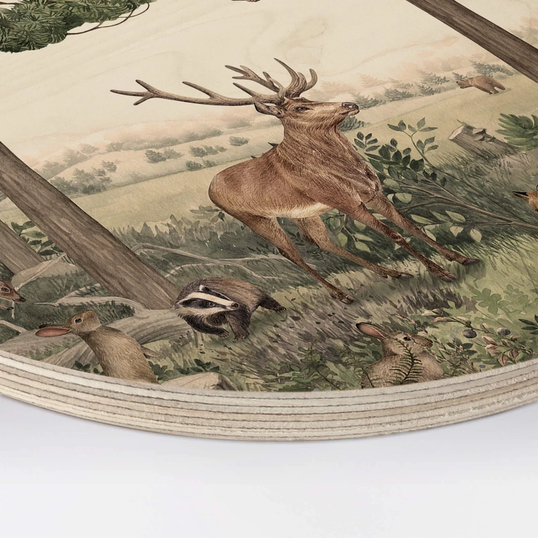 Tableau sur bois rond Kikki Belle - Animaux indigènes dans la forêt 