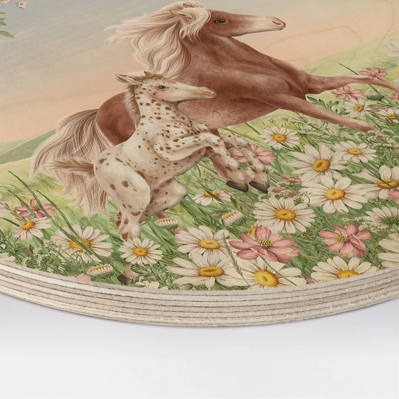 Houten Wanddecoratie Paarden in de bloemenweide - Kikki Belle - Rond 