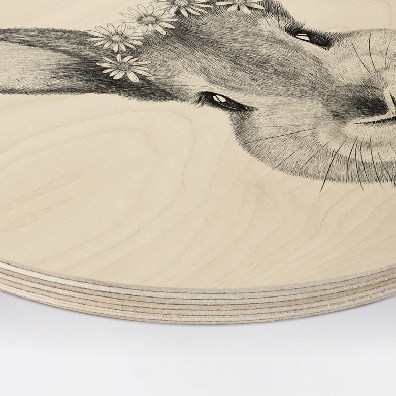 Holzbild Niedlicher Hase mit Kamillenblumen - Korenkova - Rund 