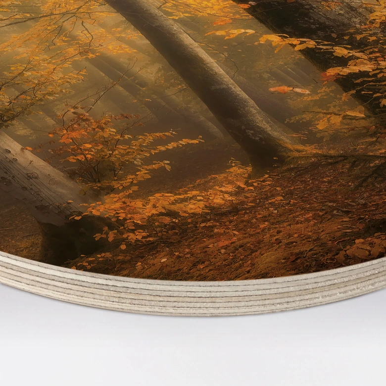 Holzbild Goldene Blätter im nebligen Wald - Maier - Rund 