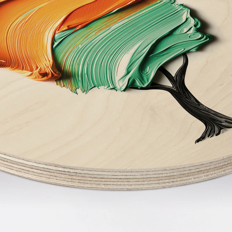 Holzbild Baum mit oranger und grüner 3D-Krone - Mielu - Rund 