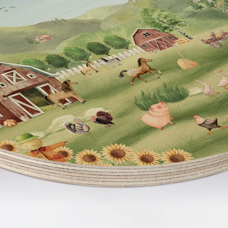 Kinderzimmer Holzbild - Oliver Robins - Bunter Bauernhof mit Tieren - Rund 