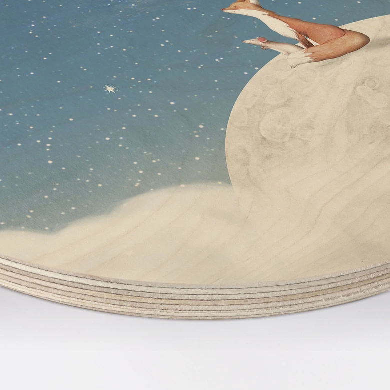 Holzbild Fuchs auf dem Mond mit Sternschnuppen - Oliver Robins - Rund 