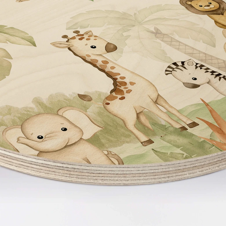 Holzbild Oliver Robins - Niedliche Tiere unter Palmen - Rund 