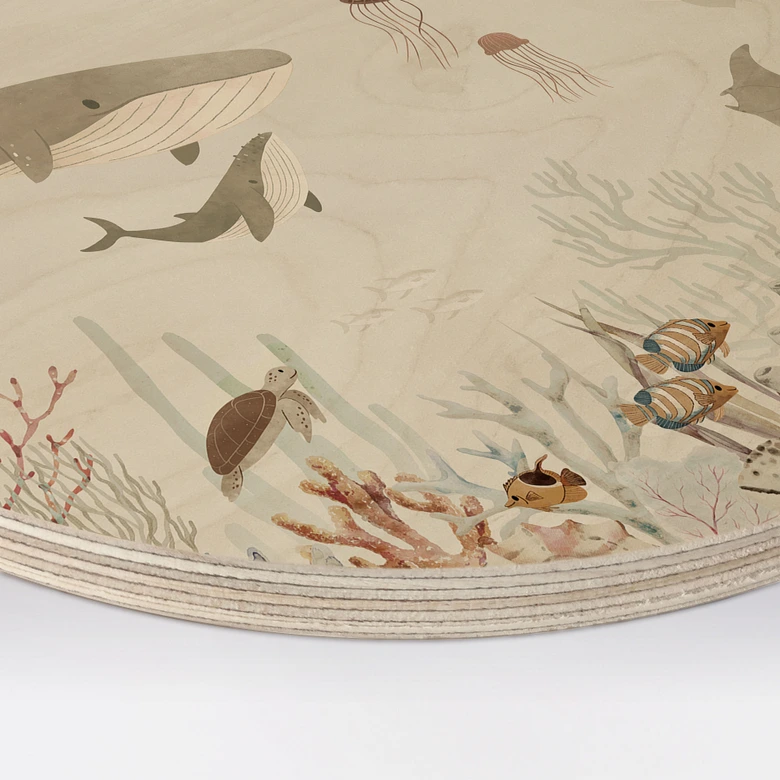 Tableau sur bois pour enfants - Baleines et leurs amis dans le monde sous-marin - Oliver Robins - Rond 